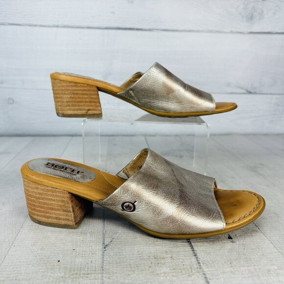 Born HandCrafted Footwear Metallic Gold Leather  Slide Block Heel Sandal Sz 8 M - Picture 2 of 16